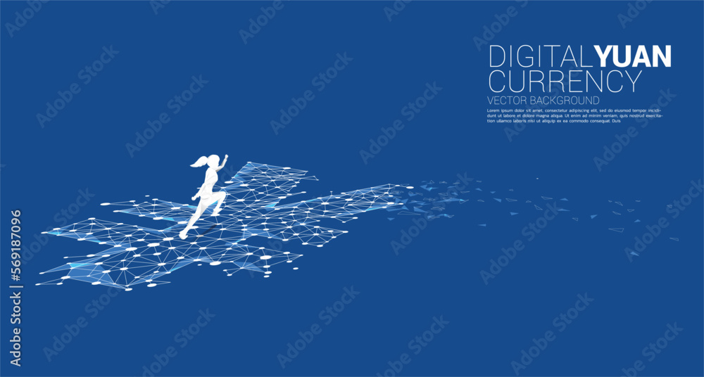 Poster silhouette of businesswoman running with money yuan dot line connect polygon. concept for digital yu