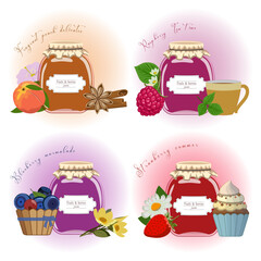 Jam glass jar set. Peach, strawberry, raspberry, blueberry jam jars, tea cup, flowers, cupcake. Vector illustration