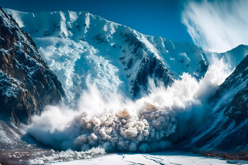 The collapse of the snow avalanche in the mountains, a powerful cloud of snow dust blizzard. Force of nature in the mountains. Generative AI technology.