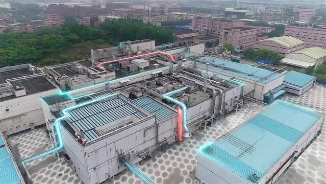 The concept of a modern factory. Modern factory from the air. Visualization of a modern plant. echnological factory aerial view.