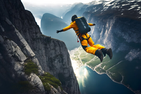 Extreme athlete jumps from a cliff canyon in a mountainous area with a river at the bottom. Generative AI technology.