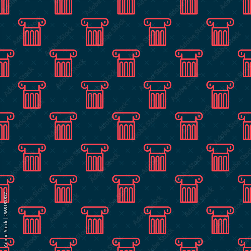 Poster red line ancient column icon isolated seamless pattern on black background. vector