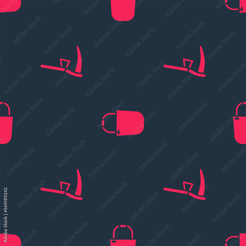 Poster set scythe and bucket on seamless pattern. vector