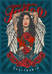 Obraz premium Tattoo girl angel poster colorful