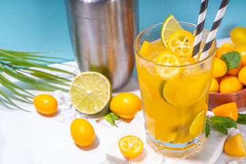 Kumquat lemonade drink. Non-alcohol citrus cocktail with kumquat fruit slices, lime, mint and crushed ice, on sunny background copy space