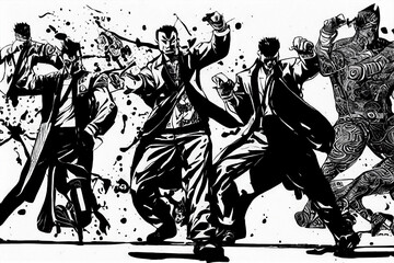 black and white ink drawing japanese fighters