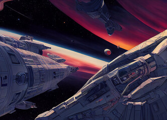 colorful space and spaceships