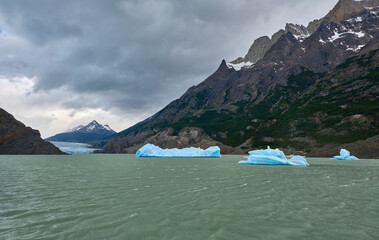 grey lake and his glaciers and icebergs in torres del paine, chile