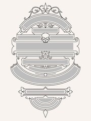 An ornate outlined vertical graphic layout with skeleton details.