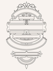 An ornate outlined vertical graphic layout.