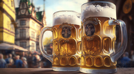 Beer mug on a table, close up. Oktoberfest, Munich. German beer festival, generative ai - obrazy, fototapety, plakaty
