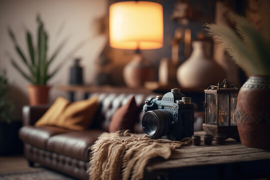 A Home Inside Look From Different Angles Focusing On Greenery, Camera, Lamp Etc