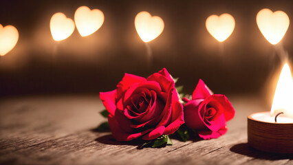 two roses and burning candle on wooden table with heart shaped light in background, generative AI