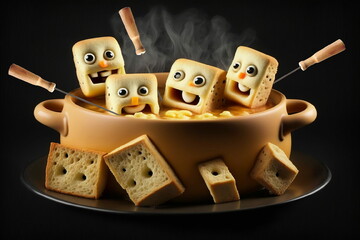 personnages en forme de croutons de pain en train de nager dans une fondue savoyarde - illustration ia - obrazy, fototapety, plakaty