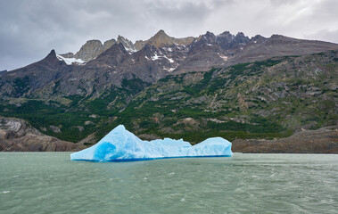 grey lake and his glaciers and icebergs in torres del paine, chile