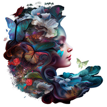 abstract blooming beauty, a frictional pretty woman with butterflies and flowers on her hair, transparent background, digital art, made with generative AI