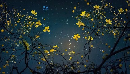  a tree with yellow leaves and a blue sky with stars in the background and a butterfly flying over the branches of the tree at night.  generative ai