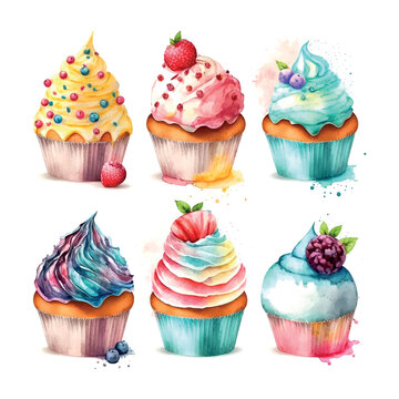 cupcake set with cream. watercolor illustration ice cream