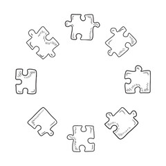 Naklejka premium Round frame with empty spacefor text made of jigsaw puzzle pieces on white background. Hand drawn vector sketch illustration in engraving doodle outline vintage line art style. Solution autism symbol