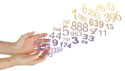 Cupped hands of a numerologist sending a stream of purple and gold random numbers upwards...