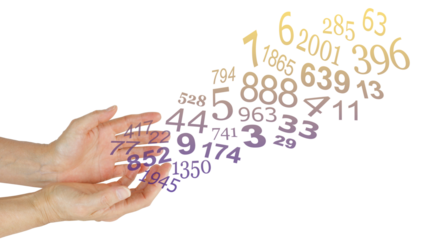 Cupped hands of a numerologist sending a stream of purple and gold random numbers upwards transparent png file