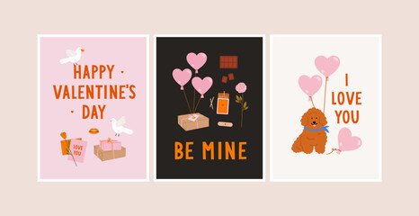 Valentine's Day holiday greeting cards. Gifts, animals, flowers. Concept of romance, love, gifts. 