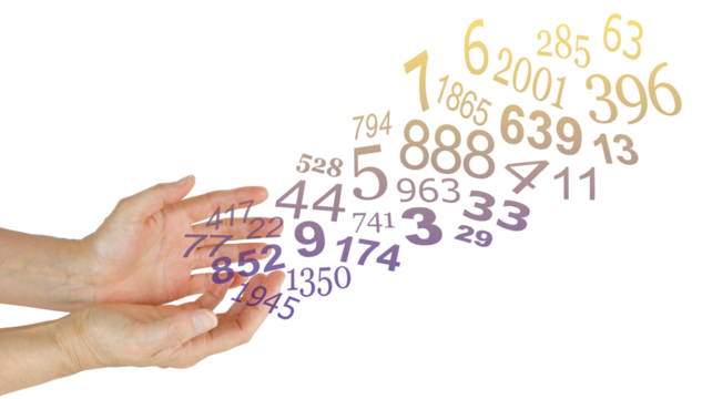 Cupped hands of a numerologist sending a stream of purple and gold random numbers upwards transparent png file