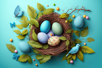 Easter poster background template with Easter eggs in the nest on light blue background. Greetings and presents for Easter Day. Generative ai