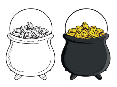 Black cast iron cauldron full of golden coins money pot with leprechaun savings isolated on white background. Saint PAtrick's day, wreath, money, lucky, fortune, happy, hand drawn illustration.