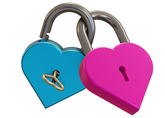 Pink and Blue Heart Shaped Padlocks and key. Love, breakup, valentine's day concept. Transparent PNG illustration