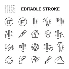 Simple Set of Temperature Related Vector Line Icons. Contains such Icons as Thermometer, Body Temperature Check and more. Editable Stroke.