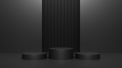 Empty podium or pedestal display on dark background with stand concept, Blank product shelf standing backdrop. 3D rendering.