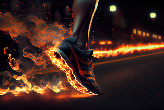 Burning sport shoe with fire flames under sole on black background. Generative AI