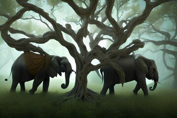 Elephant stands on thin branch of withered tree in surreal landscape. This is a 3d render illustration - generative ai