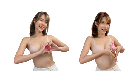 Breast Cancer, World cancer day. Young Asian woman make heart shape on isolated white background.