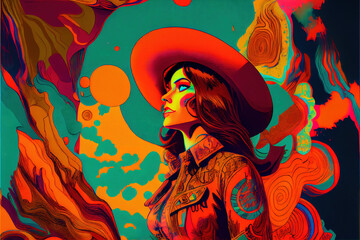 woman in profile in a spectacular world, surreal groovy retro 70s style, Generative AI