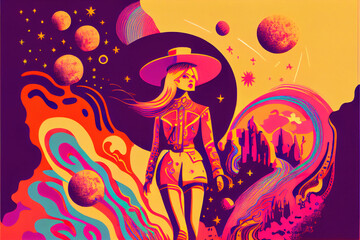 woman walked into a spectacular world, surreal groovy retro 70s style, Generative AI