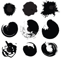  Ink drops and splashes. Blotter spots, liquid paint drip drop splash and ink splatter. Artistic dirty grunge abstract spot vector set. Illustration monochrome drip splash, splat messy inkblot circle