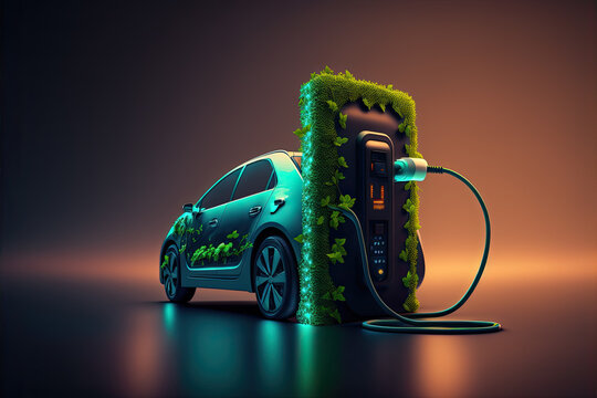 Car charging with electric energy with dark  background.  Clean energy concept.  Concept of caring for the planet.  Generative AI