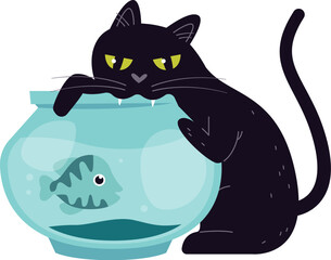 Cat play with fish in aquarium flat icon