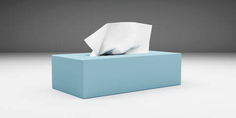 Baby blue box of tissues. White floor. Emotions. Flu coming. 