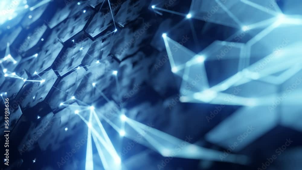 Poster futuristic hexagon background. 3d render. abstract blue hexagonal pattern. random motion. seamless l