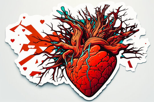 Vector illustration of a hyper-realistic heart isolated on white background, marker art sticker stamp for Valentine's Day, or a wedding with real veins and blood with paint splatters (generative ai)
