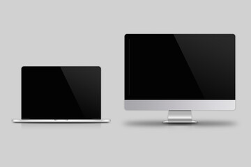 A creative web design agency presentation across multiple devices. Computer display, laptop, tablet, smartphone mockup on a grey background. 3d rendering. Open laptop, smartphone and tablet pc mockup.