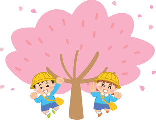 満開の桜の木の前でジャンプする園児　保育園　幼稚園