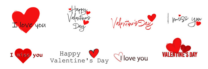 Obraz na płótnie Canvas Set of inscriptions happy valentine's day, I miss you, I love you. romantic illustrations 