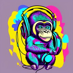 Monkey with headphones listening to music. Colored digital vector drawing illustration. Abstract monkey for wall art, t-shirt, or poster. Digital art - generative ai