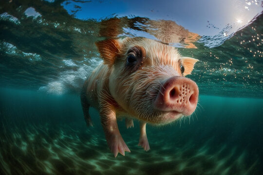 generative ai funny pink pig posing on camera underwater picture