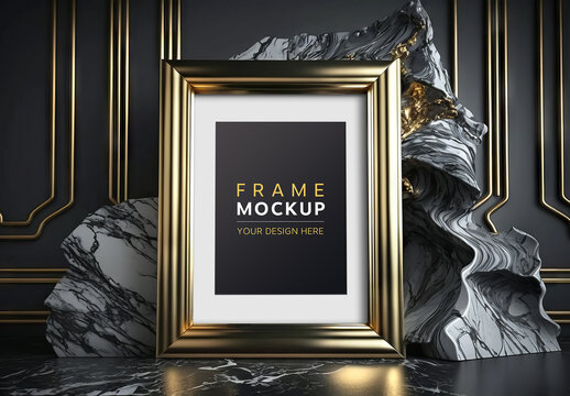 Gold Frame on Black Marble Stone Interior Mockup with Generative Ai