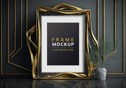 Gold Designer Frame in Dark Modern Interior Mockup with Generative Ai